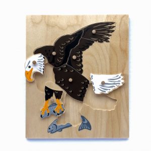 Wooden Bald Eagle puzzle pieces.