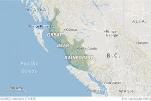 Map showing location of Great Bear Rainforest area.