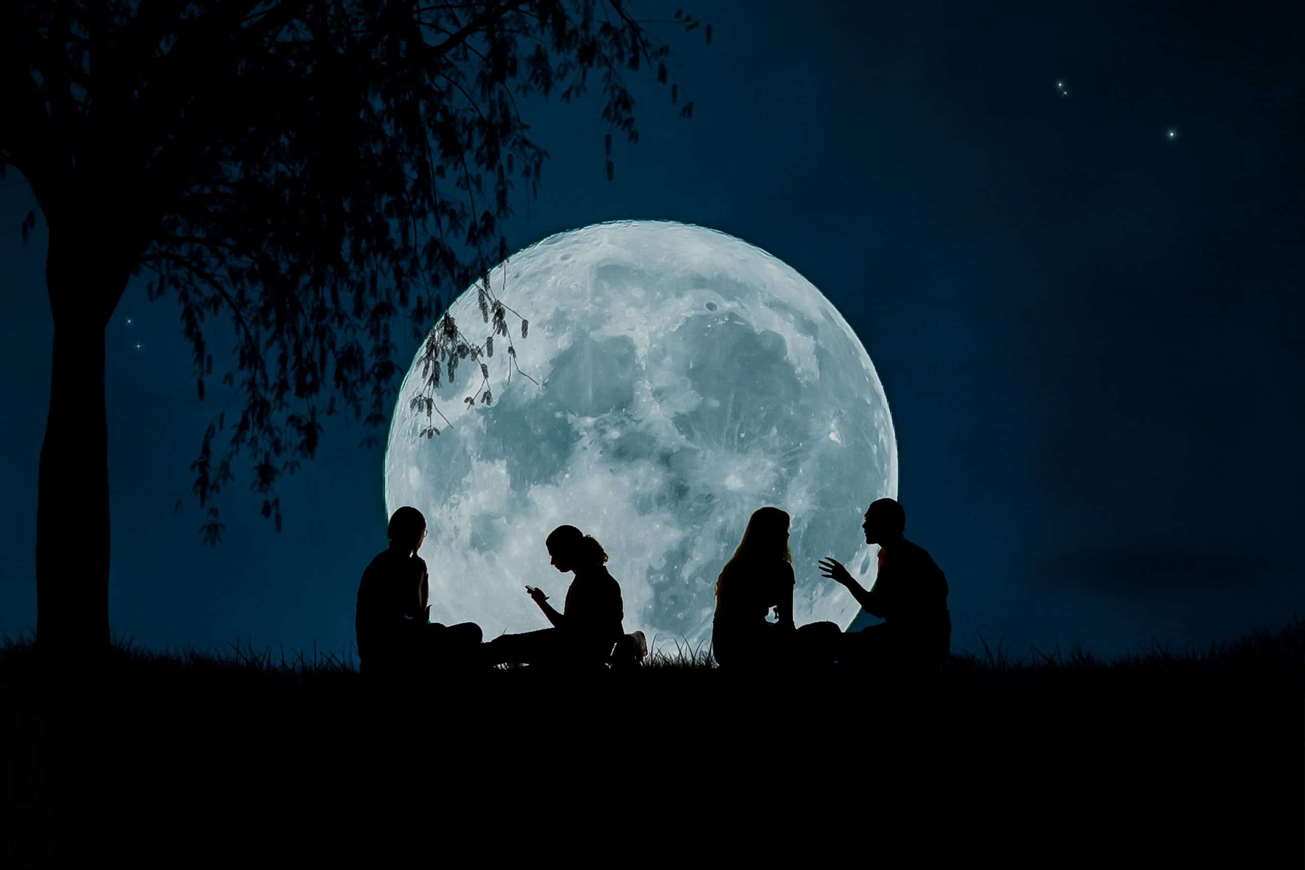 Silhouettes of people in moonlight.