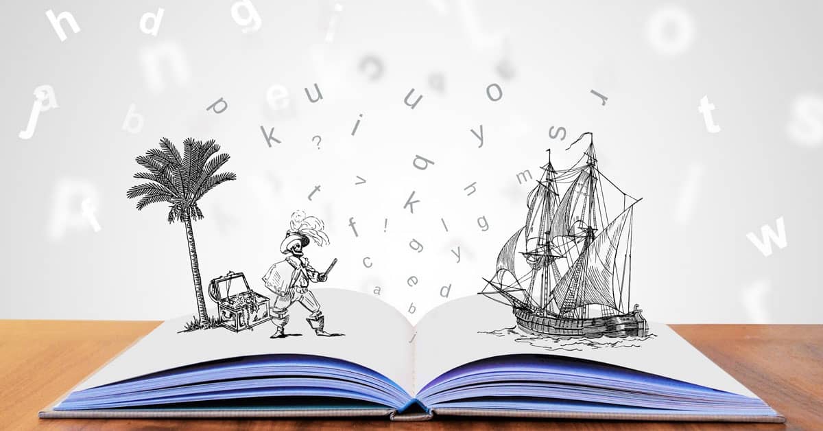Open storybook with pirate ship and palm tree island.