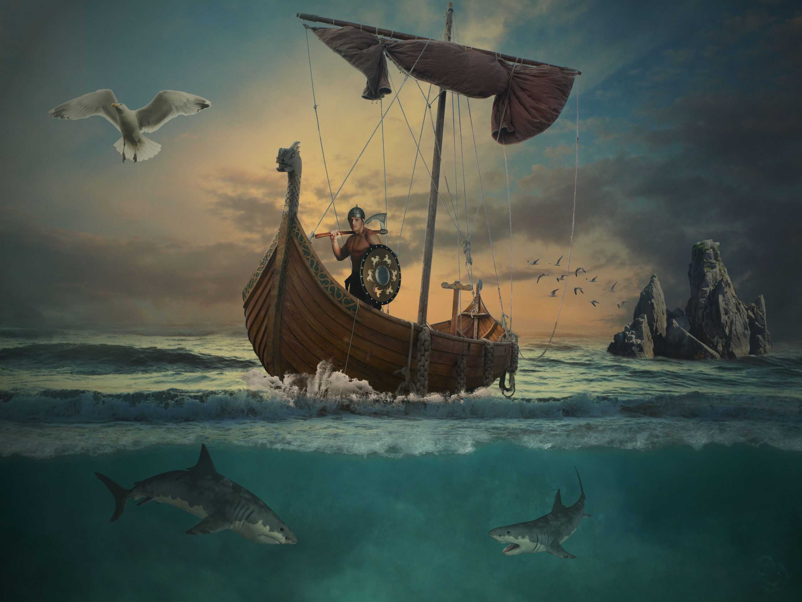 Viking ship in ocean scene.