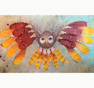 Color diffusing paper feathers owl.