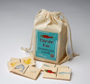 Salmon run dominoes game bag and pieces.