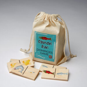 Salmon run dominoes game bag and pieces.