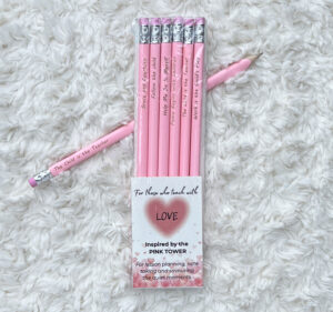 Pink Tower inspired Montessori pencils in packaging.