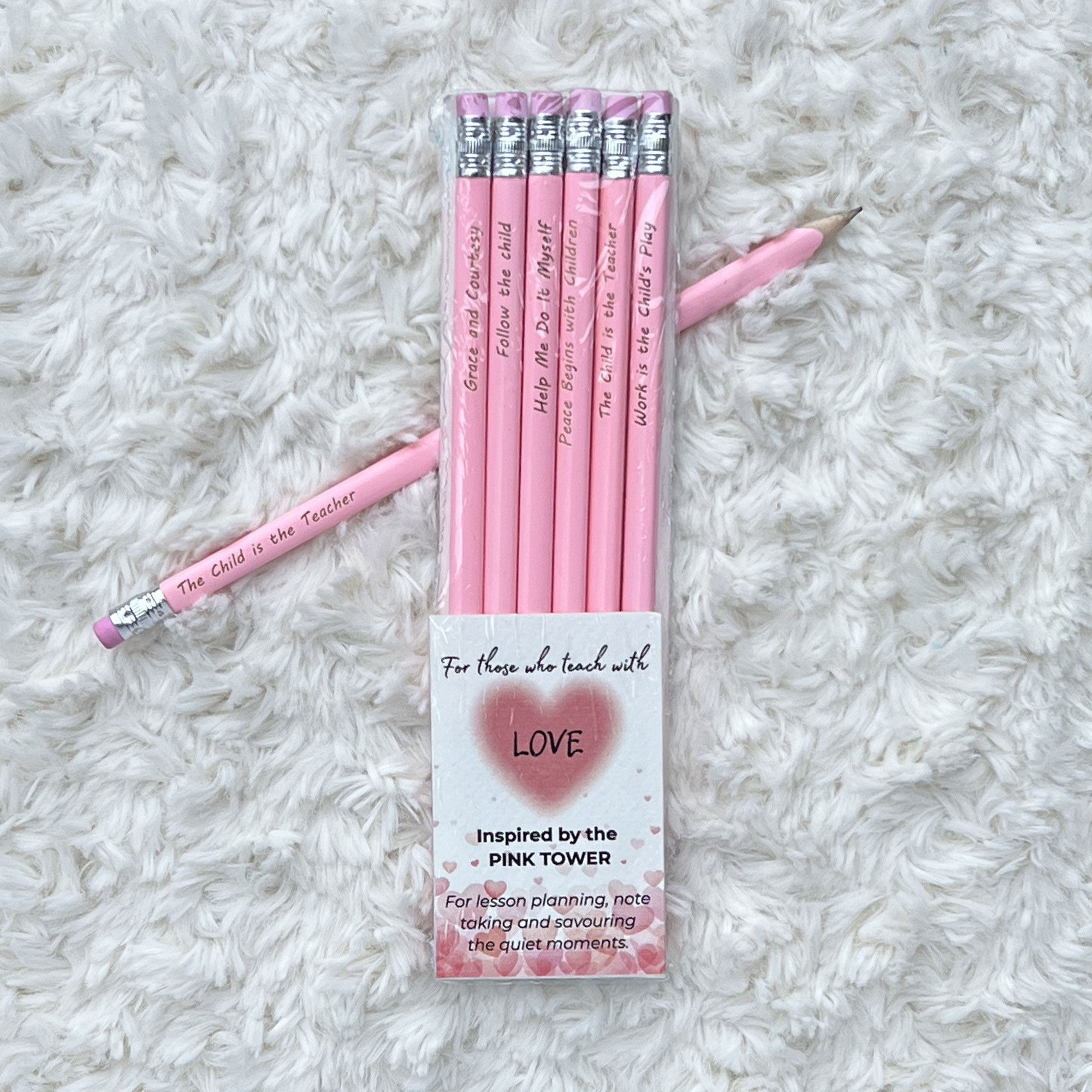 Pink Tower inspired Montessori pencils in packaging.